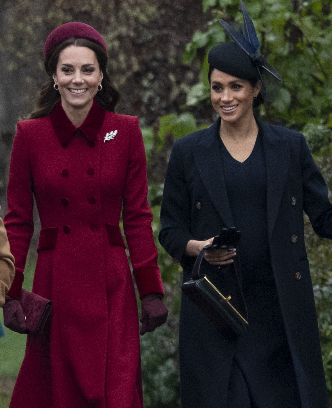 Catherine and Meghan walked side by side as the left the Church of St Mary Magdalene on the Sandringham estate. Source: Getty.