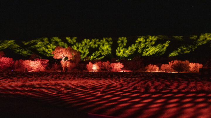 Parrtjima takes over Alice Springs with ten nights of light installations from a number of Indigenous artists set against the majestic MacDonnell Ranges.  Credit: Tourism NT/The Ebb & Flow of Sky & Country