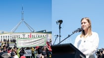 Brittany Higgins, left, (the former Liberal staffer whose rape allegations sparked a national discussion) joined thousands attending the March 4 Justice rally in Canberra calling for action against gendered violence in Parliament. Source: Getty Images