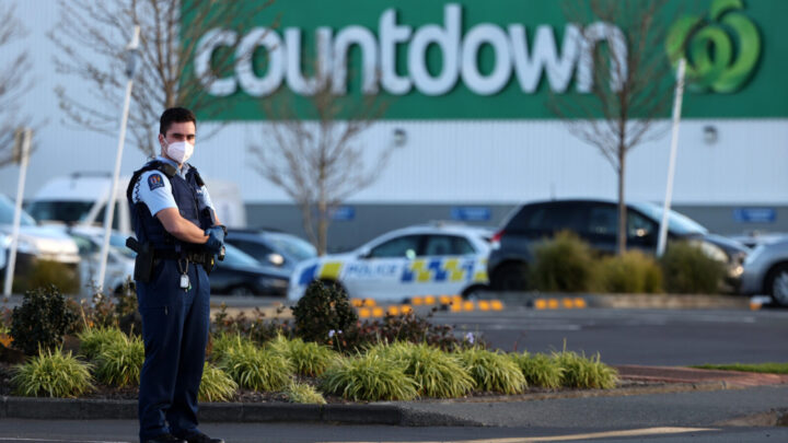 Police stand guard after a terror attack in Auckland on Friday. Source: Getty