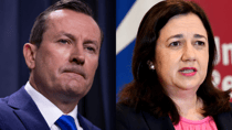 Mark McGowan and Annastacia Palaszczuk have both casted doubt on whether they will reopen their state borders once we hit vaccination target. Source: Getty