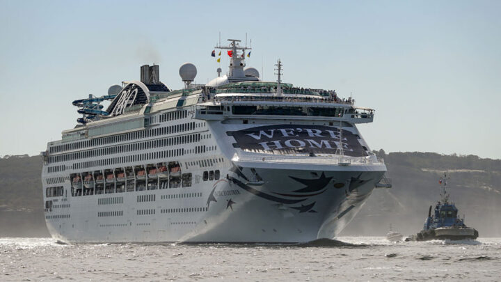 SYDNEY, AUSTRALIA - APRIL 18: The Pacific Explorer arrives in Sydney Harbour on April 18, 2022 in Sydney, Australia. (Photo by Brendon Thorne/Getty Images)