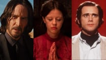 Keanu Reeves gets ready for work in John Wick: Chapter 4 (Lionsgate); Mia Goth in Pearl (A24); Jim Carrey as Andy Kaufman in Jim & Andy: The Great Beyond.