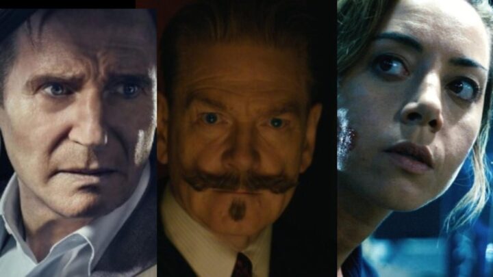 Image caption: Liam Neeson takes the driver's seat in Retribution (Studio Canal); Kenneth Branagh in A Haunting in Venice (20th Century Studios); Aubrey Plaza is terrific in Emily the Criminal (Roadside Attractions) 