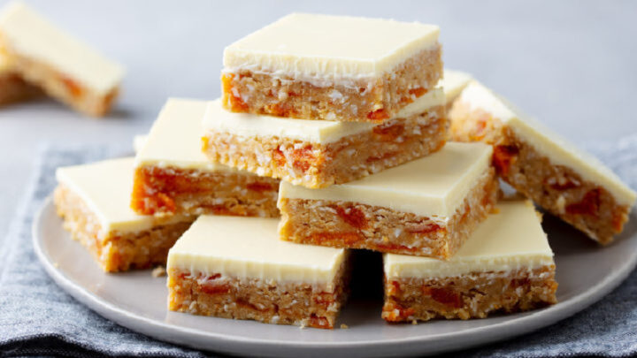 Simple apricot slice with white chocolate icing - Starts at 60